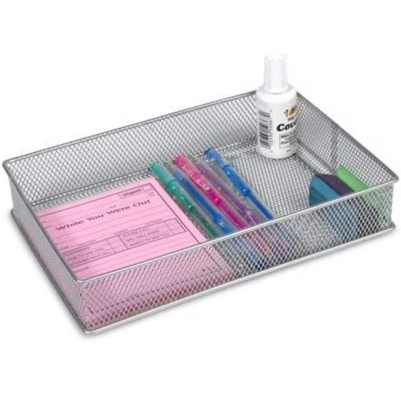 NWOT YBM  Home Silver Mesh Organizer Bin School Supplies Office Desktop 6x9x2 - Picture 3 of 8